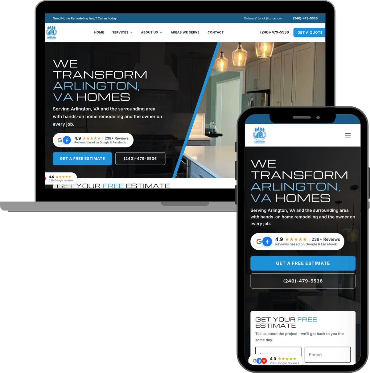 4B Home Remodeling website built by RemodelerSites.com, shown on a laptop and a phone