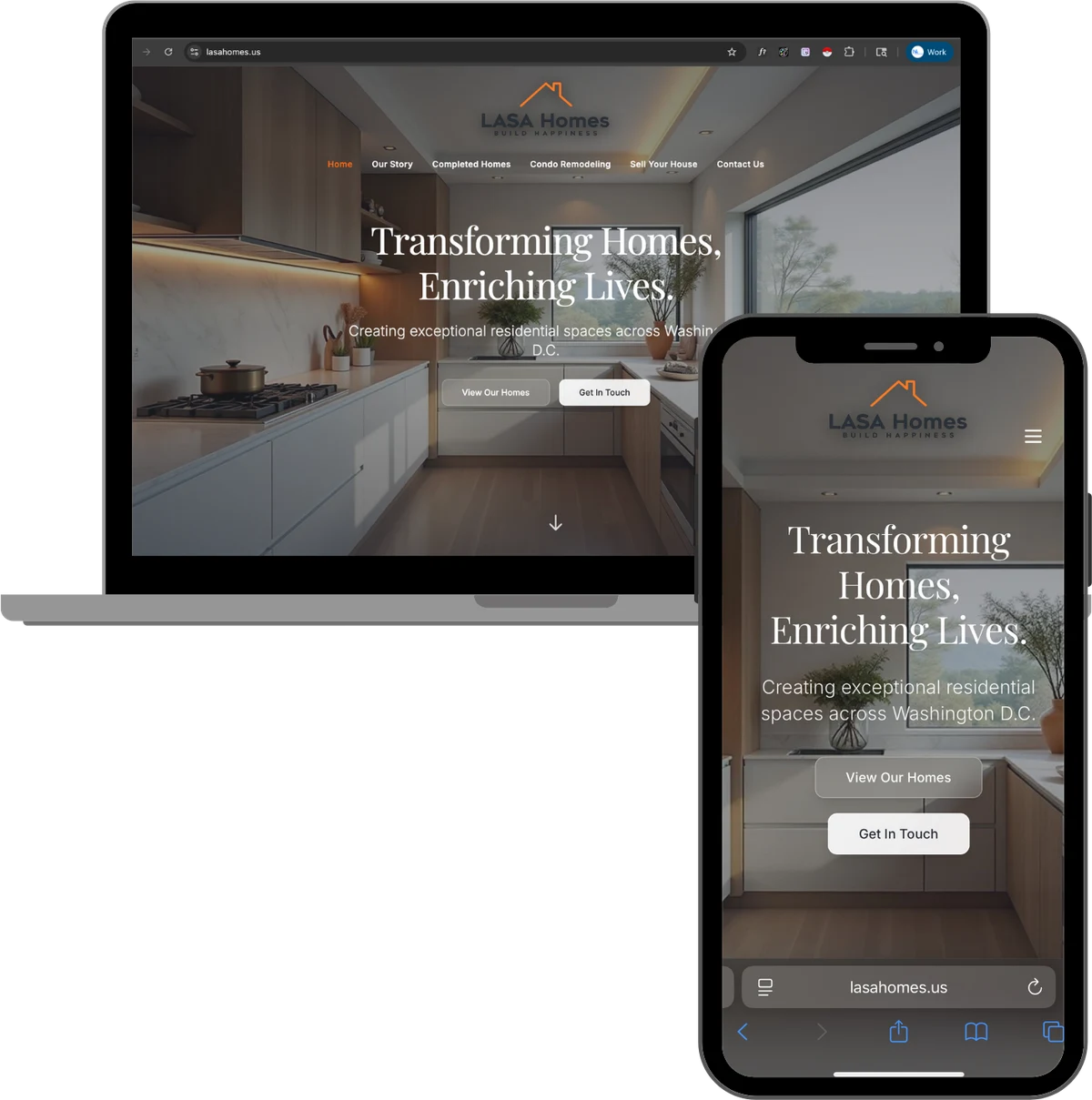 LASA Homes remodeling website built by RemodelerSites.com, shown on a laptop and a phone